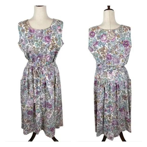 Vintage New Looks Granny floral wide strap belted sundress womens*16 Modest Boho - Picture 3 of 14